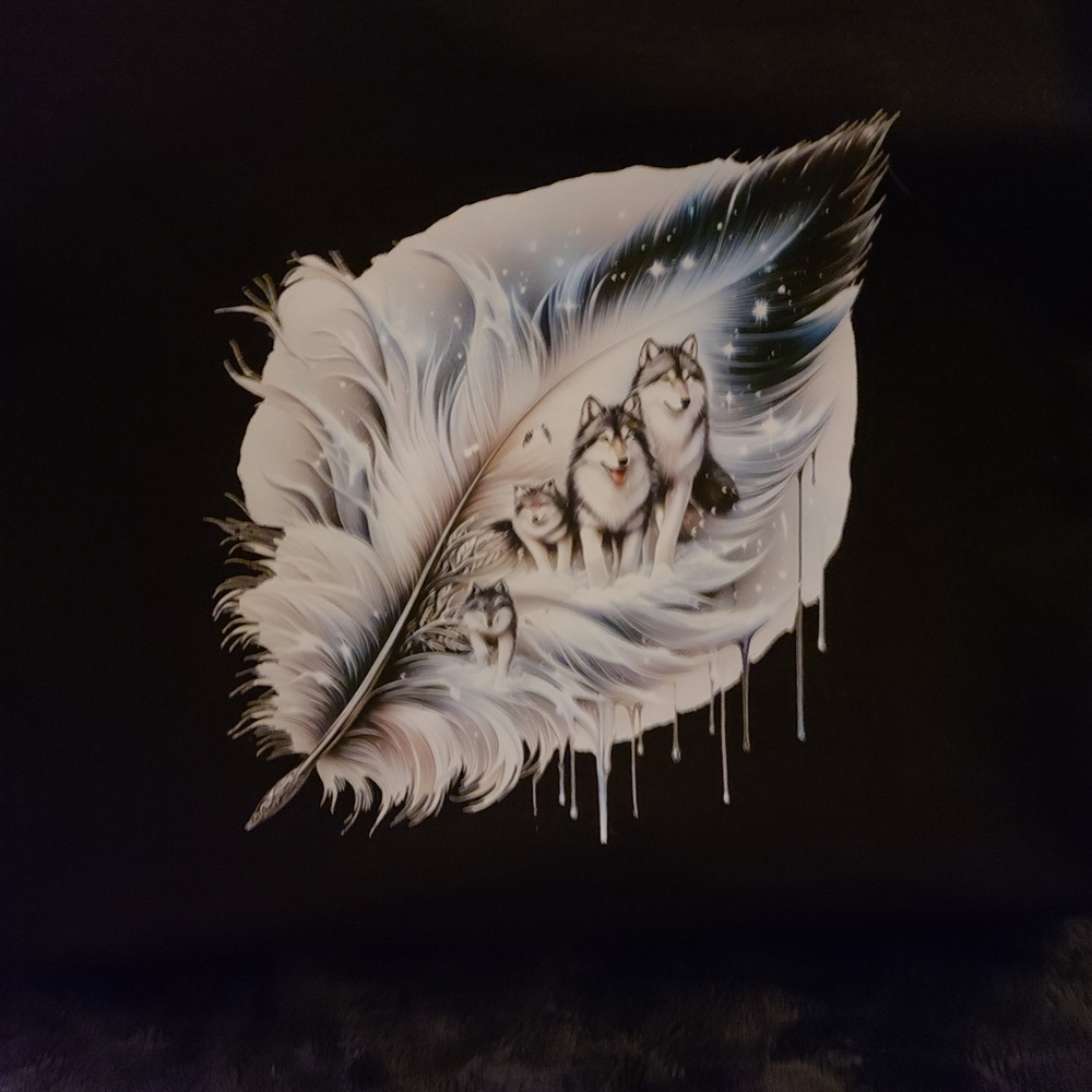 Wolf Feather Art Print on Black T-Shirt